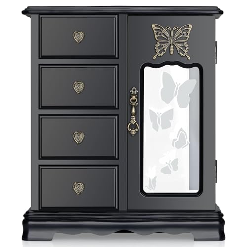 RR ROUND RICH DESIGN Solid Wood Jewelry Box for Women - Vintage Butterfly Glass Door Jewelry Armoire with Mirror, 4 Drawers & Rotating Necklace Carousel Black - color: Black