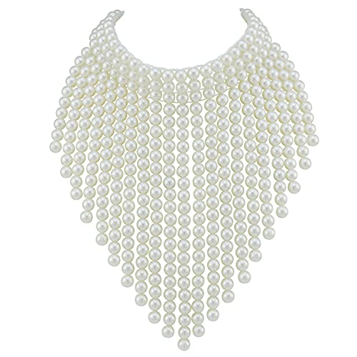 Coiris Boho African Wooden or Acrylic Beaded Bib Statement Necklace Strands Layered Cluster Chunky Collar Choker Wood Necklace for Women Fashion Costume Jewelry - color: Pearl