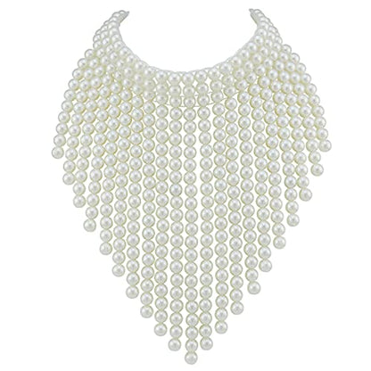 Coiris Boho African Wooden or Acrylic Beaded Bib Statement Necklace Strands Layered Cluster Chunky Collar Choker Wood Necklace for Women Fashion Costume Jewelry - color: Pearl
