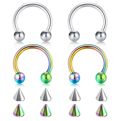D.Bella 22G 20G 18G 16G 14G 12G 10G 8G 6G 4G 2G 0G 00G Surgical Steel Nose Septum Horseshoe Hoop Eyebrow Lip Navel Belly Nipple Piercing Ring Helix Tragus Daith Rook Captive Earrings Replacement Spikes - color: A7-4pcs,Silver&Rainbow, size: 20g,10mm inner
