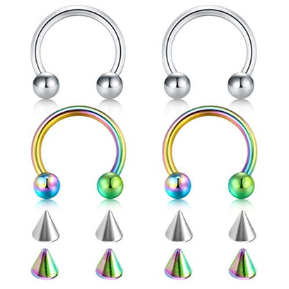 D.Bella 22G 20G 18G 16G 14G 12G 10G 8G 6G 4G 2G 0G 00G Surgical Steel Nose Septum Horseshoe Hoop Eyebrow Lip Navel Belly Nipple Piercing Ring Helix Tragus Daith Rook Captive Earrings Replacement Spikes - color: A7-4pcs,Silver&Rainbow, size: 20g,10mm inner