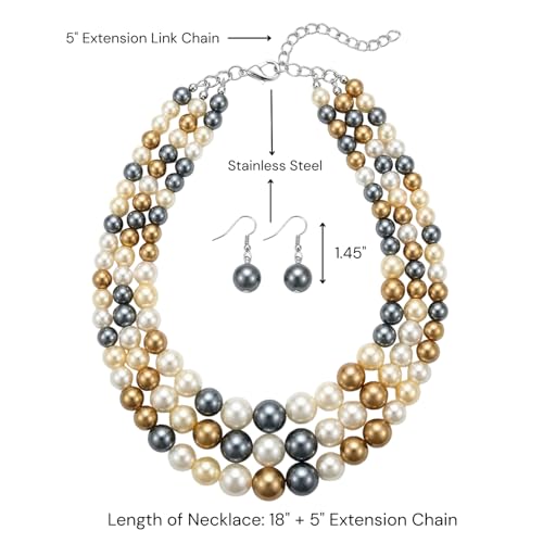 Simulated Pearl Necklace & Earring Set, Multi Strand - color: Brown + Grey Mix