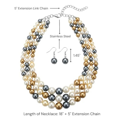 Simulated Pearl Necklace & Earring Set, Multi Strand - color: Brown + Grey Mix