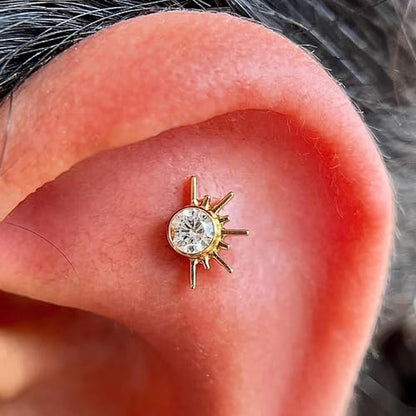 FINE4U 1PC ASTM F136 Titanium 16G Flatback Stud for Tragus, Helix, Conch 6mm 8mm - Screw on Cartilage Earring Piercing Jewelry - color: Sun CZ - Gold