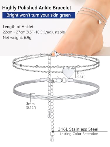 PROSTEEL Trendy Handcuffs Design/Customize Words Ankle Bracelet For Women, 316L Stainless Steel Anklets Silver/Gold/Black Tone, Hypoallergenic, Come with Box - style: 06.2 Layered-Herringbone&Heart-Silver