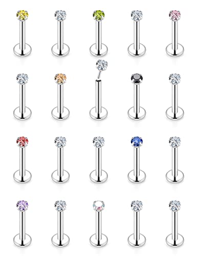 16G 18G 20G Threadless Push in Lip Rings Stainless Steel Flat Back Nose Rings Studs Tragus Helix Conch Cartilage Lobe Earrings Stud Piercing Jewelry for Women Men Diamond CZ Silver 20PCS - color: 18G-8MM Length-2.5MM CZ