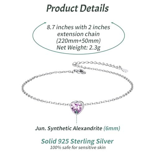 ChicSilver 925 Sterling Silver Anklets for Women, Simple Dainty Round/Heart Birthstone Ankle Bracelet Beach Foot Jewelry, 8.7-10.7 Inch Adjustable - color: 06. Heart - June(Alexandrite)