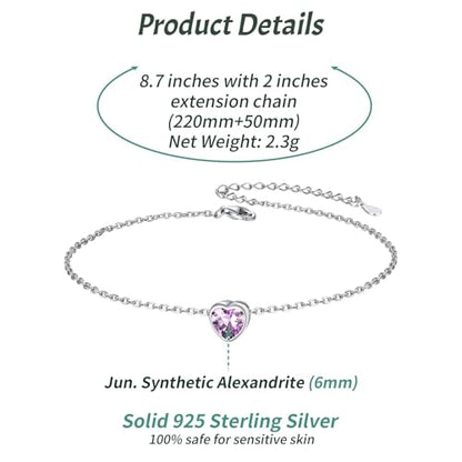 ChicSilver 925 Sterling Silver Anklets for Women, Simple Dainty Round/Heart Birthstone Ankle Bracelet Beach Foot Jewelry, 8.7-10.7 Inch Adjustable - color: 06. Heart - June(Alexandrite)