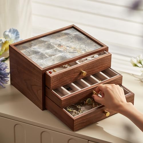 Black Walnut Wooden Women Jewelry Box with Glass Lid, 3 Layer | Blue Floral Glass Lid, Wood Drawer Jewelry Organizer for Women, For Necklaces, Watch, Ring, Earring Storage,Ideal Gift - style: 3 Layer B