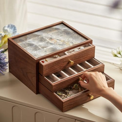 Black Walnut Wooden Women Jewelry Box with Glass Lid, 3 Layer | Blue Floral Glass Lid, Wood Drawer Jewelry Organizer for Women, For Necklaces, Watch, Ring, Earring Storage,Ideal Gift - style: 3 Layer B