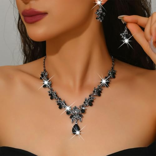 Rhinestone Bridal Wedding Jewelry Sets Gold Necklace Earrings Set Leaf Prom Formal Costume Jewelry Set for Women and Brides - color: Black