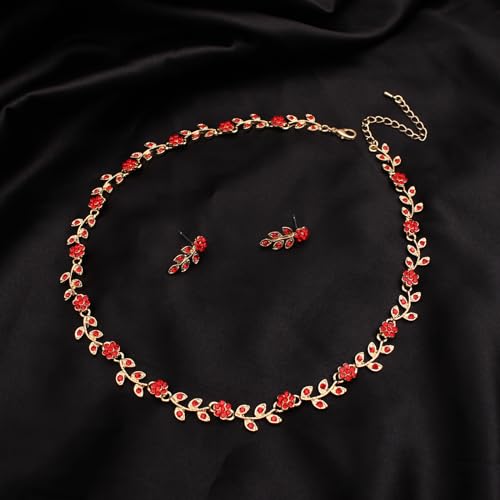 Austrian Crystal Rhinestone Choker Necklace Dangle Earring Link Bracelet Jewelry Set for Brides Bridesmaid Prom Costume Accessories for Women - color: Siam-Gold Plated