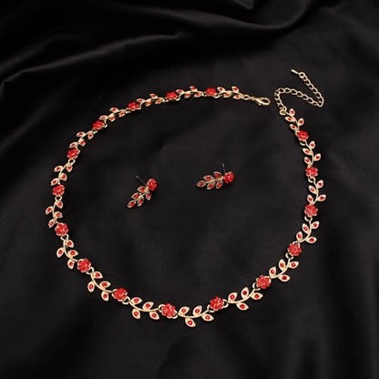 Austrian Crystal Rhinestone Choker Necklace Dangle Earring Link Bracelet Jewelry Set for Brides Bridesmaid Prom Costume Accessories for Women - color: Siam-Gold Plated