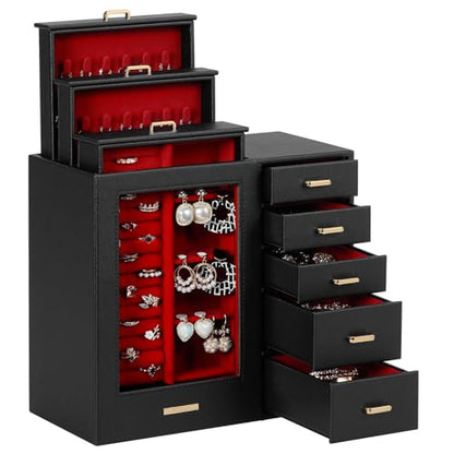 Homde Large Jewelry Box/Organizer/Case with Glass Window, Drawers for Necklaces Earrings Rings Bracelets Watches Gift for Women Girls - color: Black + Red+ Gold