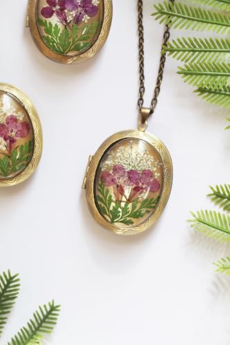 Handmade Oval Shaped Photo Locket with dried Pressed Flowers Locket pendant Necklace - style: Oval-Purple Lobelia