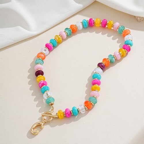 NIKOLUX Colorful Initial Necklaces for Women Chunky Resin Beaded Toggle Necklace 14K Gold Plated A-Z Bubble Letter Pendant Necklace Trendy Summer Beach Handmade Jewelry Gift - color: Colorful-C