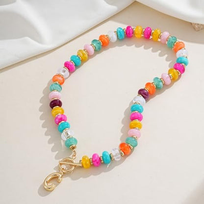 NIKOLUX Colorful Initial Necklaces for Women Chunky Resin Beaded Toggle Necklace 14K Gold Plated A-Z Bubble Letter Pendant Necklace Trendy Summer Beach Handmade Jewelry Gift - color: Colorful-C