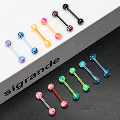 100Pcs 14G Acrylic Tongue Rings, Multi Color Assortment Flexible Tongue Rings Barbells Mix Piercing - style: 50 Pairs-Plastic Bar
