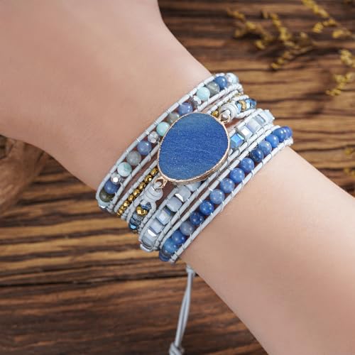 Plumiss Women Boho Handmade Natural Stone Crystal Leather Bead Wrap Bracelets Collection - style: Blue Aventurine 5W