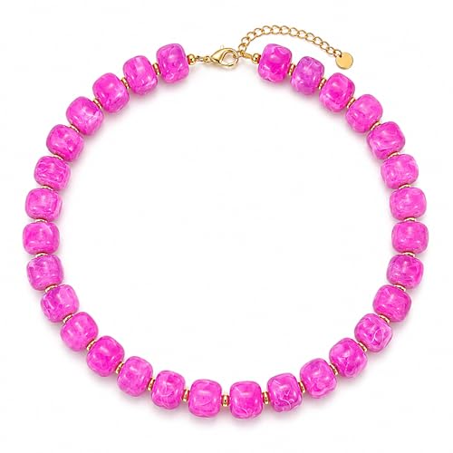 Chunky Colorful Beaded Necklace for Women Boho Summer Statement Resin Choker Necklaces Beach Jewelry Accessories - color: Hot Pink