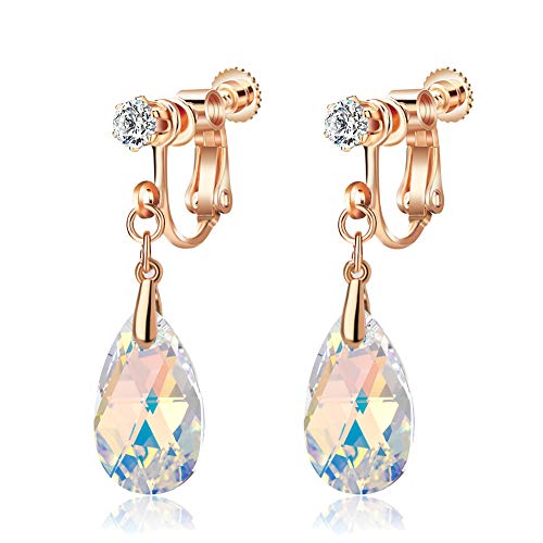 EVEVIC Austrian Crystal Teardrop Clip On Drop Earrings for Women | Adjustable Screw-Back Fit, 14K Rose Gold-Plated, Soft Silicone Pads Included, Comfortable For Pierced Or Non-Pierced Ears - color: Aurora Borealis