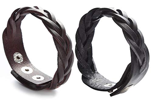 CCBFY Genuine Leather Bracelet Braided Sporty Wide Wristband Punk Jewelry for Men Women - color: Set of 2 - Black + Brown