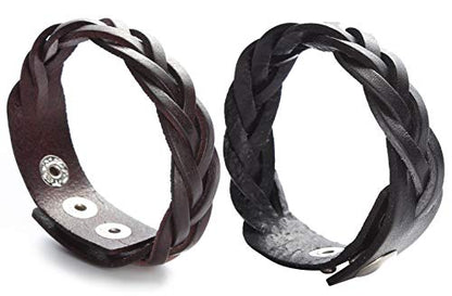CCBFY Genuine Leather Bracelet Braided Sporty Wide Wristband Punk Jewelry for Men Women - color: Set of 2 - Black + Brown