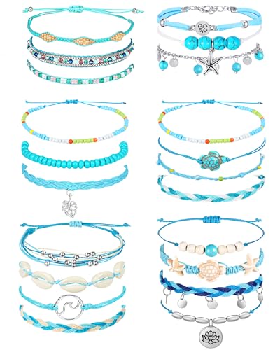 Hicarer 21 PC Surfer Wave Friendship Bracelet Set Waterproof Adjustable Boho Beach String Anklets Bulk, Summer Gift for Women - style: Blue Series
