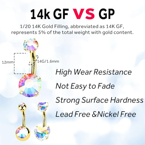 2pcs 14k Gold Filled Belly Button Rings, 14G 8mm/10mm/12mm Threaded Barbell Belly Button Piercing, Navel Ring Piercing Jewelry - color: 14K GF-2pcs-AB Round CZ-12mm