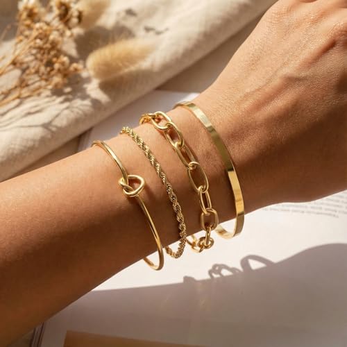 14K Gold Plated Stackable Bangle Bracelets Set for Women | Cuff Bracelet Stackable Bangles Bracelet for Women Trendy Fashion Accessories Tie Knot Cuban Rope Paperclip Beaded Bracelets - color: 4-layer GD