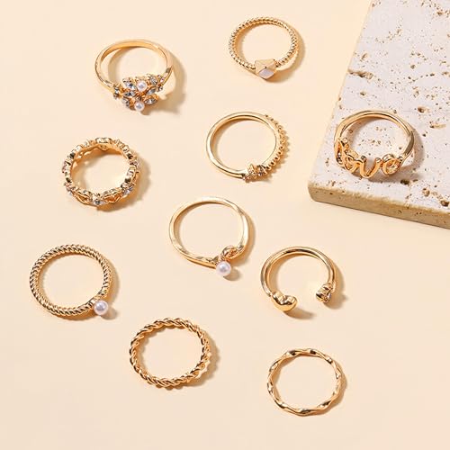 HUASAI Gold Stackable Rings Set for Women Boho Dainty Moon Star Pearl Leaf Cubic Zirconia Heart Midi Pinky Trendy Jewelry Birthday Gifts - color: K Gold Rings 10 Pcs