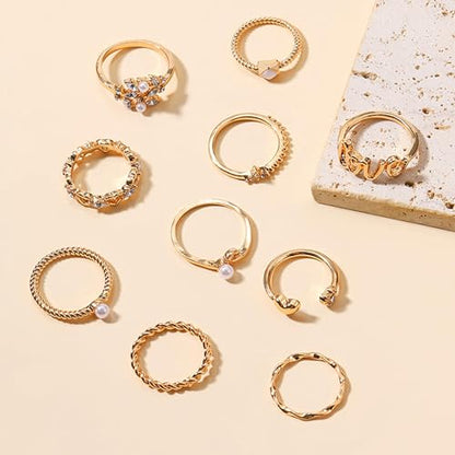 HUASAI Gold Stackable Rings Set for Women Boho Dainty Moon Star Pearl Leaf Cubic Zirconia Heart Midi Pinky Trendy Jewelry Birthday Gifts - color: K Gold Rings 10 Pcs