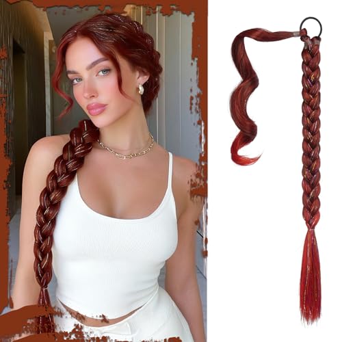 Long Braid Ponytail Extension with Hair Tie Straight Sleek Wrap Around Hair Extensions Braid Pony Tail Fluffy Natural Synthetic Hairpieces for Women Daily Wear,26 inch-Burgundy Red - color: Burgundy Red, size: 26 Inch (Pack of 1)