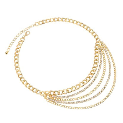 Waist Chain for Women - Silver Body Chain Crystal Body Jewelry, Stylish Adjustable Belt for Summer Beach Bikini Rave Festival Outfit Accessories - color: Gold-1