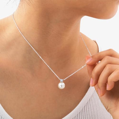 Pearl Necklace for Women 925 Sterling Silver Single Pearl Jewelry with Shell Pearl Pendant - Dainty Choker Necklace Suitable for Anniversary, Wedding, Birthday Gifts - color: CZ Silver