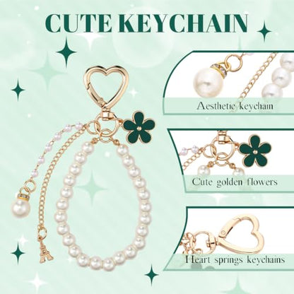Sureio 5 Pcs Bag Extender Chain Pearl Purse Chain Ribbon Bow Keychain Extender Bag Strap Purse Charms Accessories for Handbag - color: Dark Green and Gold