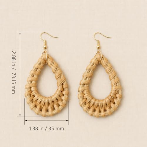Handmade Rattan Teardrop Dangle Earrings for Women, Lightweight Boho Woven Statement Earrings with Gold Fish Hook, Natural Straw Weave Vacation Jewelry for Summer Beach - style: Tear Drop