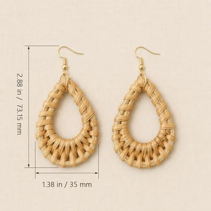 Handmade Rattan Teardrop Dangle Earrings for Women, Lightweight Boho Woven Statement Earrings with Gold Fish Hook, Natural Straw Weave Vacation Jewelry for Summer Beach - style: Tear Drop