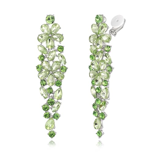EleQueen Women's Sparkle Statement Clip-On Chandelier Earrings | Marquise Crystals Earrings for Women, Art Deco Prom Jewelry for Wedding Bride Bridesmaid - color: Green Silver-Tone