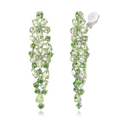 EleQueen Women's Sparkle Statement Clip-On Chandelier Earrings | Marquise Crystals Earrings for Women, Art Deco Prom Jewelry for Wedding Bride Bridesmaid - color: Green Silver-Tone