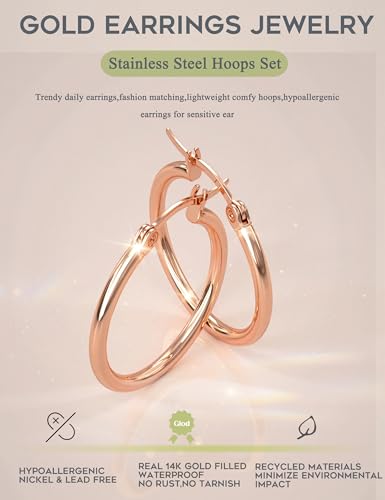 ORAZIO Stainless Steel Hoop Earrings Set Huggie Earrings for Women | Hypoallergenic Thin Small Non Tarnish Lightweight Dainty Trendy 10-20MM Women Stacks Multiple Piercing Jewelry Gift - style: C: Rose, 4 pairs