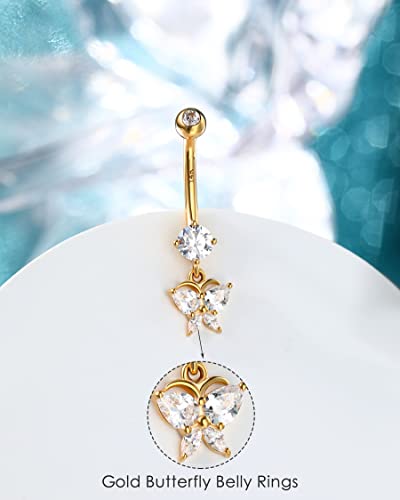 Melighting 14K Solid Gold Butterfly Belly Button Rings for Women - Dangle Belly Piercing With Clear CZ - Navel Rings for Woman Body Piercing Jewelry