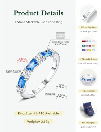 3.5mm Half Eternity Band Sterling Silver Rings for Women Sapphire/Ruby/Emerald and Cz Wedding Bands 7 Stone Stackable Birthstone Ring Anniversary Jewelry Size 6-10 - color: 12-Blue Topaz-Dec.