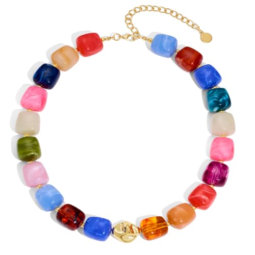 Chunky Beaded Necklace for Women,Square Resin beads boho Choker Necklace with gold-tone spacers,Fashion Trendy Summer Beach Party Necklaces Handmade Surfer Beach Necklaces Jewelry Gifts - color: Colorful