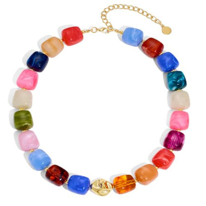 Chunky Beaded Necklace for Women,Square Resin beads boho Choker Necklace with gold-tone spacers,Fashion Trendy Summer Beach Party Necklaces Handmade Surfer Beach Necklaces Jewelry Gifts - color: Colorful