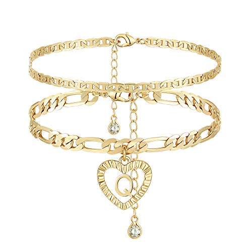 YANODA Initial Ankle Bracelets for Women 14K Gold Plated Layered Figaro Chain Letter Initial Anklets Handmade Layered Heart Ankle Bracelets Personalized Jewelry for Women - color: Q