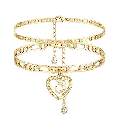YANODA Initial Ankle Bracelets for Women 14K Gold Plated Layered Figaro Chain Letter Initial Anklets Handmade Layered Heart Ankle Bracelets Personalized Jewelry for Women - color: Q