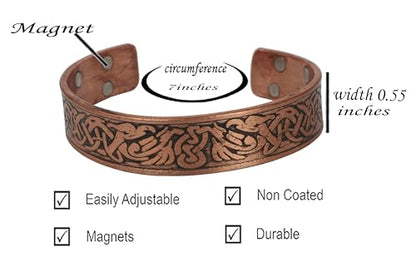 Touchstone magnetic copper bracelets for men women in gift box, engraved | 100% pure solid real adjustable bangle bracelet cuff jewelry; 12X ultra strength with 3500 gauss neodymium magnets; - style: Celtic Engraved