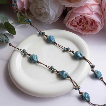 Bohemian Long Beaded Necklace for women, Colorful Hippie Long Layered Necklace, Handmade Boho Jewelry Gift for Mom - color: Teal Blue