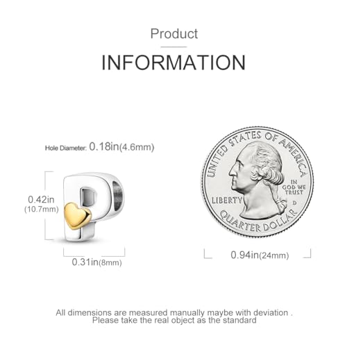 925 Sterling Silver Letter Charms A-Z for Bracelet Necklace Alphabet Bead | Heart letter A B C D G J charm initial gold Pendant beads Jewelry Gift for Women - color: Letter P